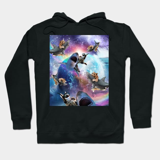 Space Cat Riding Shark, Galaxy Rainbow Cats On Sharks Hoodie by Random Galaxy